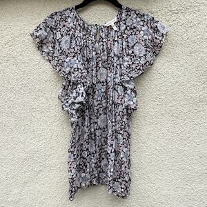 Rebecca Taylor Floral Flutter Sleeve Blouse 6 Pink Black Silver